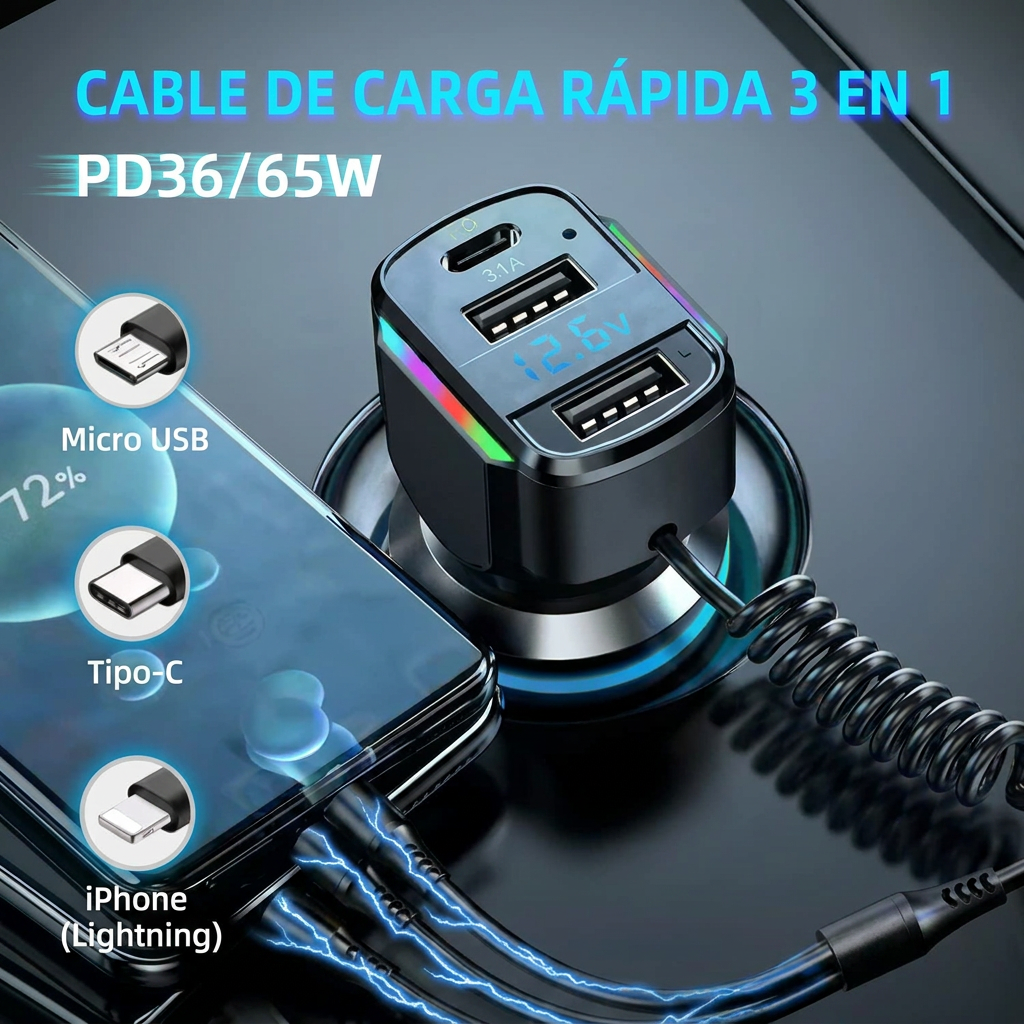 Cargador rapido para carro de 65 W con 3 puertos USB