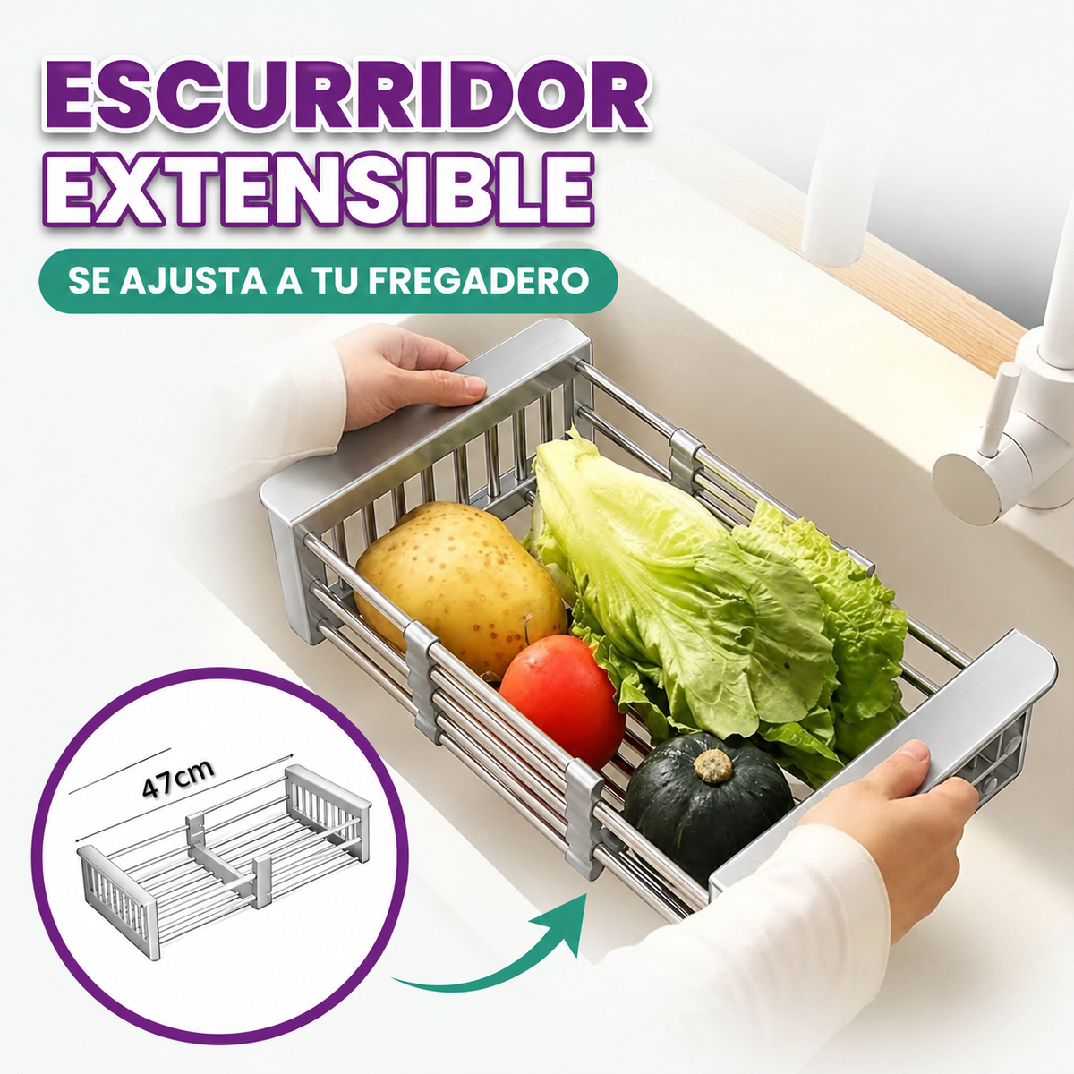Escurridor de platos retráctil de acero inoxidable gris - Set Renueva y Decora tu Cocina