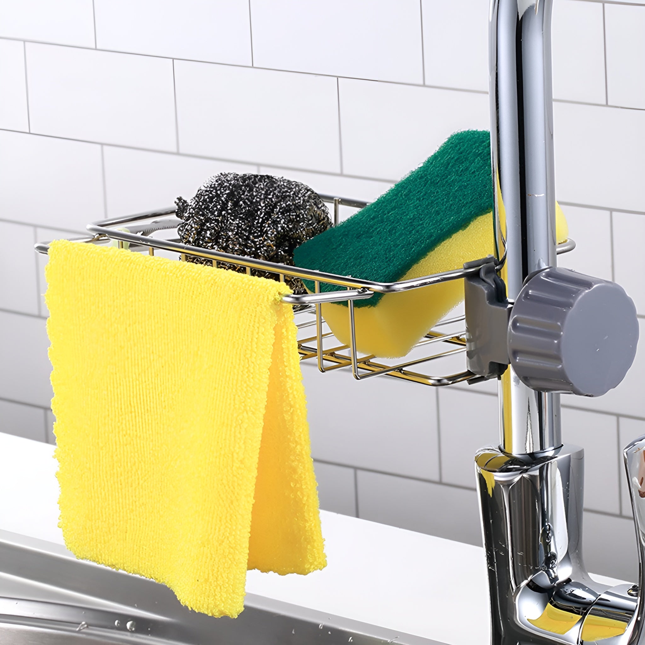 Soporte para esponja en grifo de acero inoxidable
