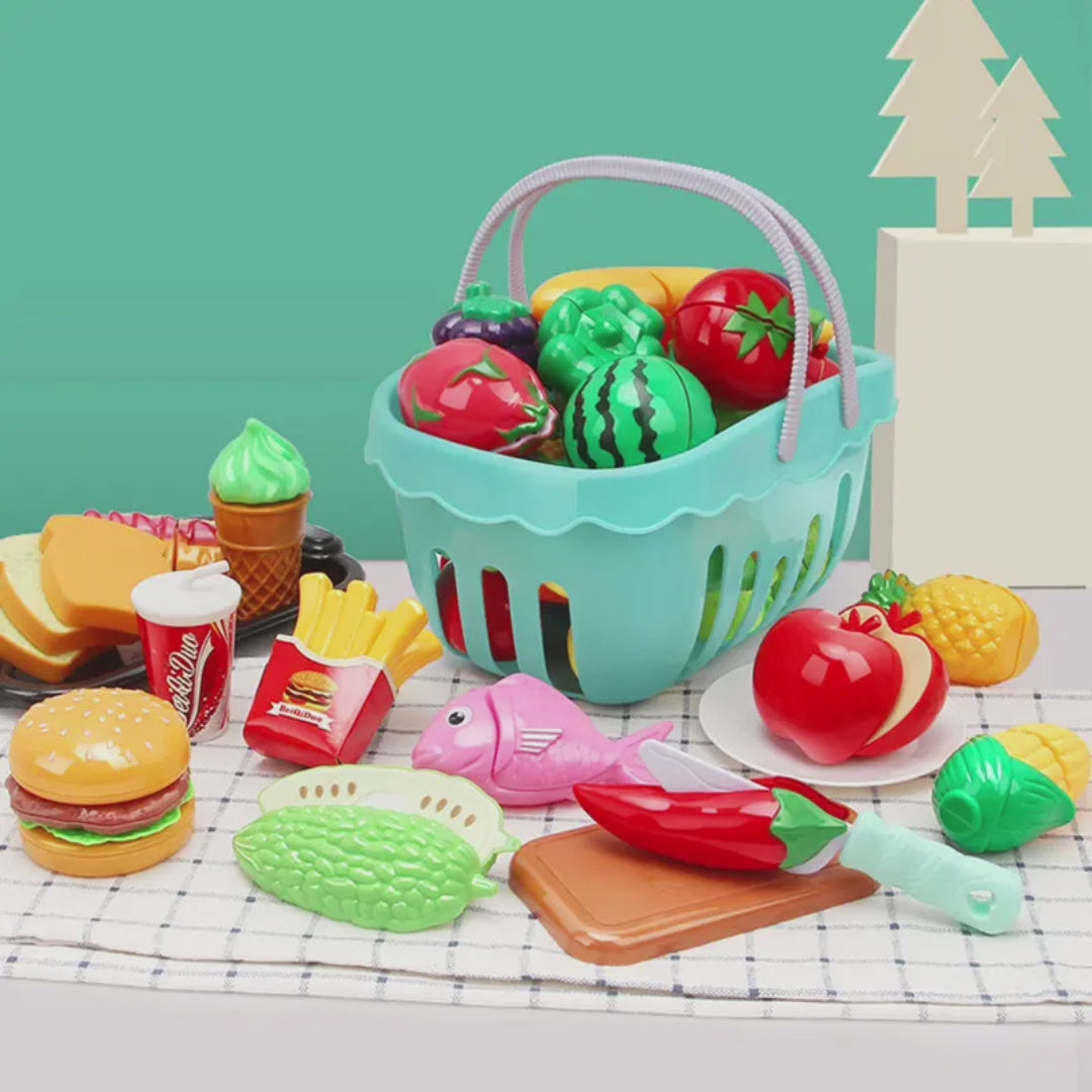 Juego de alimentos con cesta de verduras falsas para niños