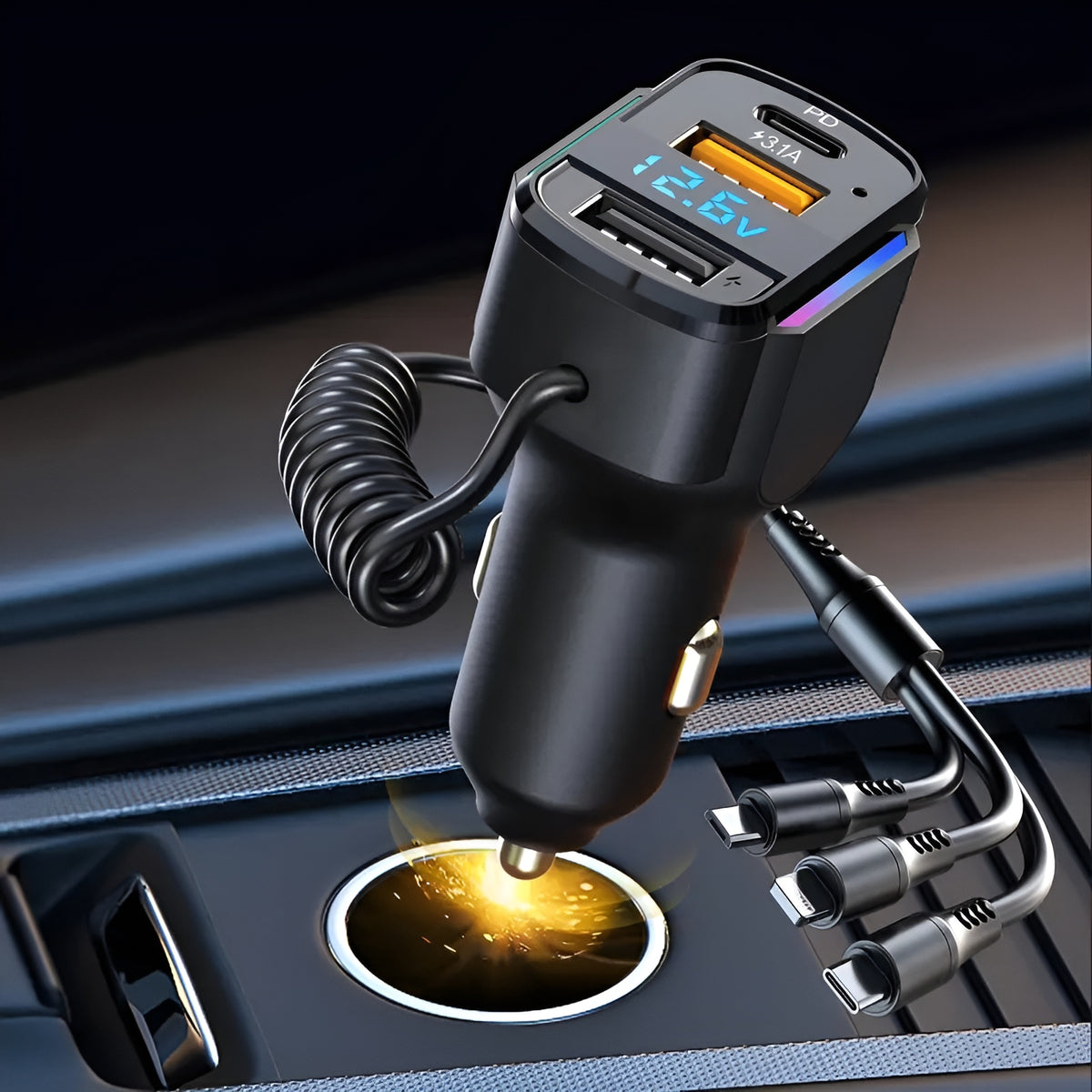 Cargador rapido para carro de 65 W con 3 puertos USB