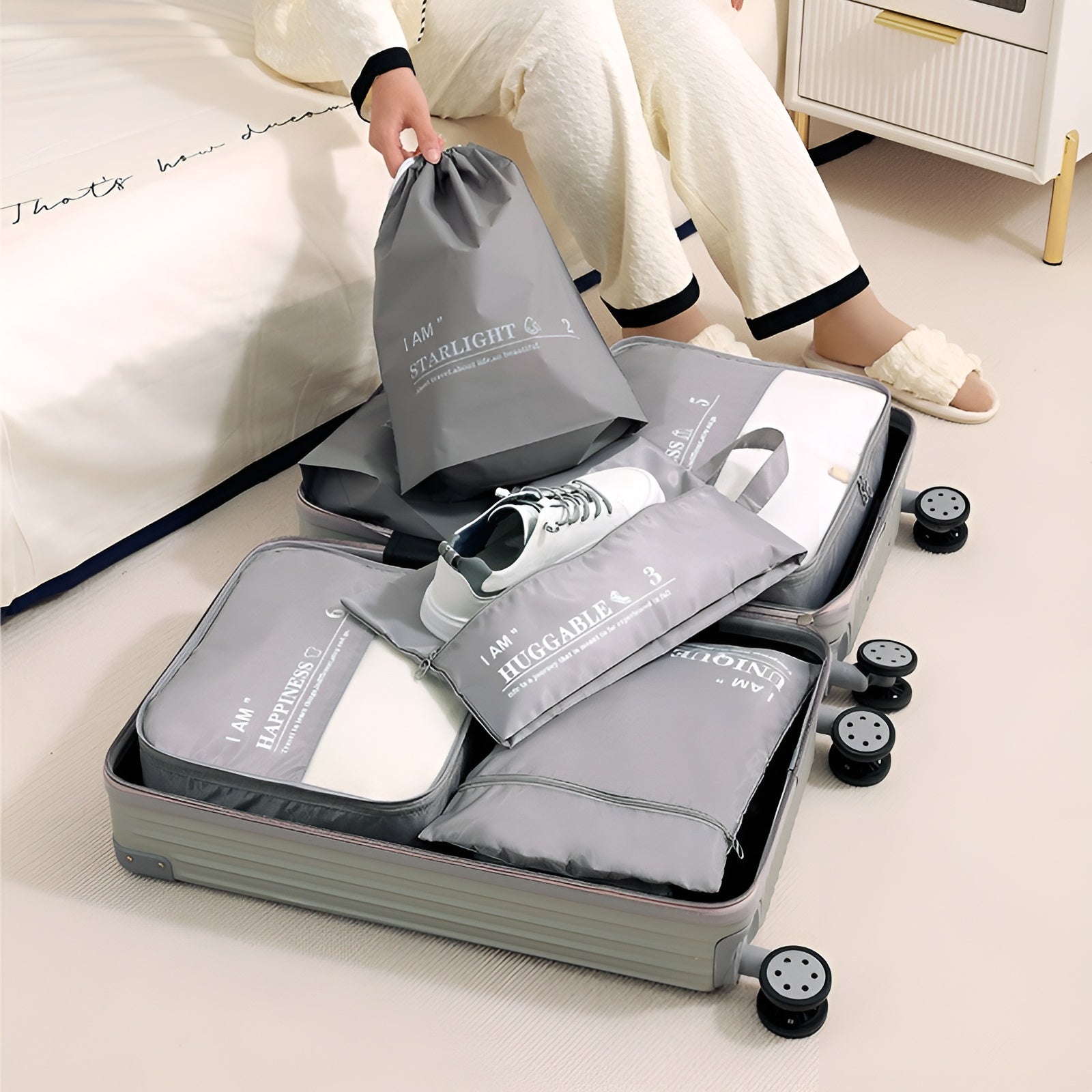 Set de bolsas de viaje para organización en maleta (Pack de 6) – Detalle y presentación – NQLN Store Venezuela