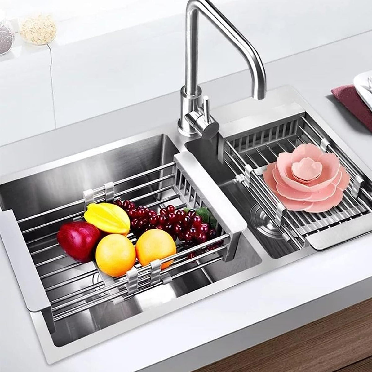 Escurridor de platos de cocina retráctil de acero inoxidable