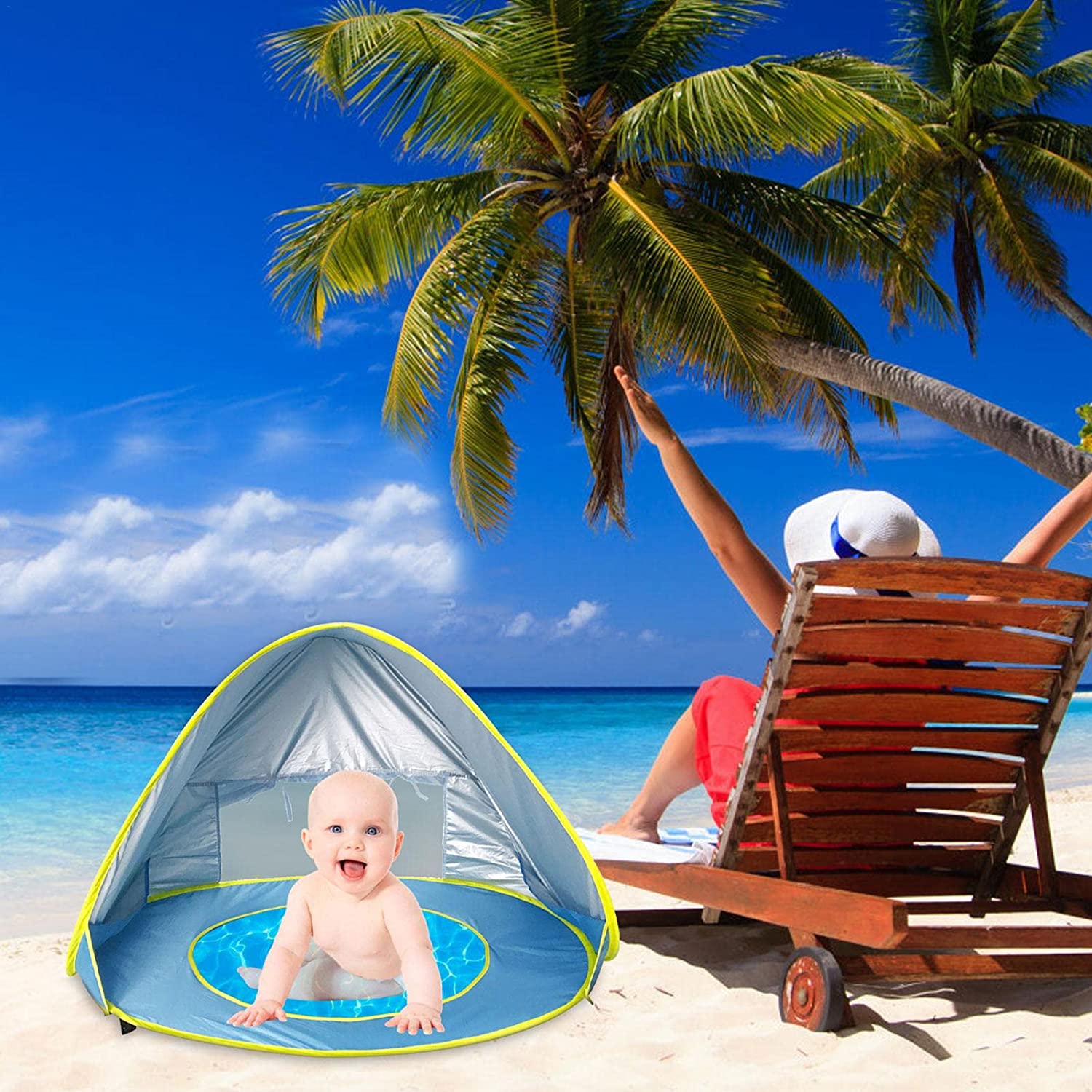 Carpa de playa para bebés, plegable y portátil, con piscina de sombra – NQLN