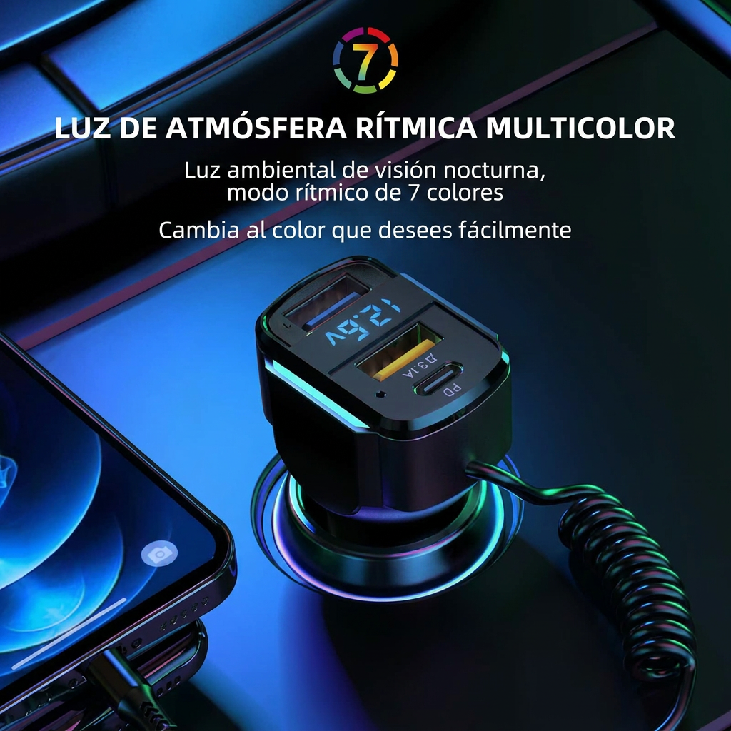 Cargador rapido para carro de 65 W con 3 puertos USB