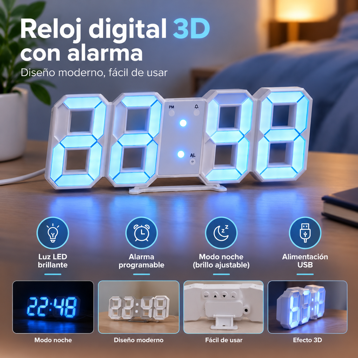 Reloj digital 3D con alarma