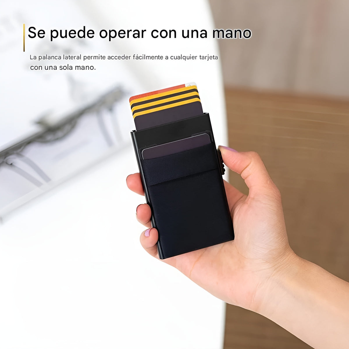 Tarjetero antirrobo con boton automatico