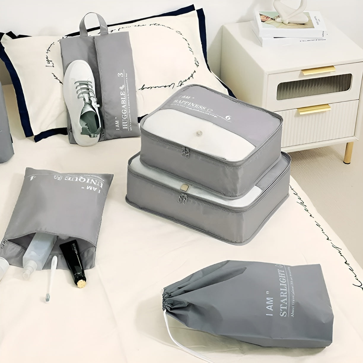 Set de bolsas de viaje para organización en maleta (Pack de 6) – Vista de cerca del producto – NQLN Store