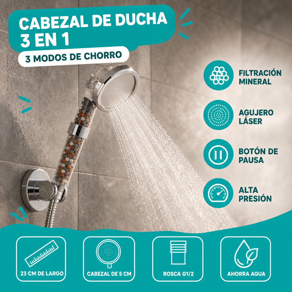 Cabezal de ducha de piedras con sistema de pulverizacion 3 en 1